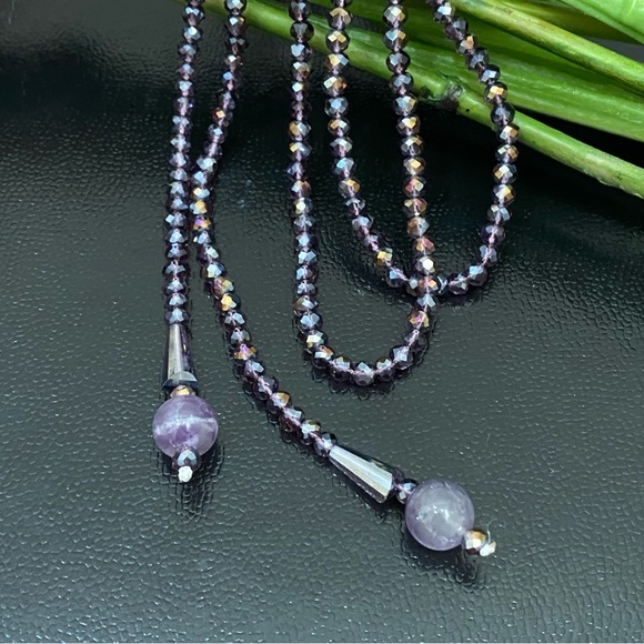 Handmade Amethyst Stone AB Purple Crystal Beads Lariat 40” Necklace - Picture 7 of 16